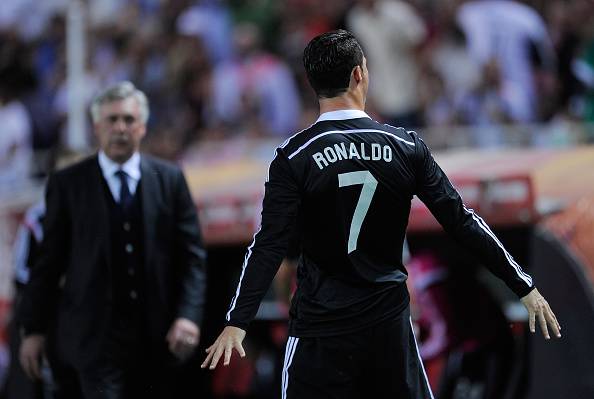 SEVILLE, SPAIN - MAY 02: Cristiano Ronaldo of Real Madrid celebrates after scoring his 3rd goal during the La Liga match between Sevilla FC and Real Madrid CF at Estadio Ramon Sanchez Pizjuan on May 2, 2015 in Seville, Spain. (Photo by Denis Doyle/Getty Images)
