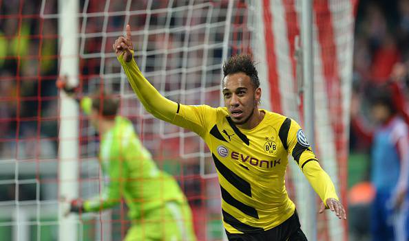 Dortmund's Gabonese midfielder Pierre-Emerick Aubameyang celebrates scoring the equalizer during the German Cup DFB Pokal semi-final football match FC Bayern Munich v Borussia Dortmund in Munich, southern Germany, on April 28, 2015.  AFP PHOTO / CHRISTOF STACHE +++ RESTRICTIONS / EMBARGO  ACCORDING TO DFB RULES IMAGE SEQUENCES TO SIMULATE VIDEO IS NOT ALLOWED DURING MATCH TIME. MOBILE (MMS) USE IS NOT ALLOWED DURING AND FOR FURTHER TWO HOURS AFTER THE MATCH. FOR MORE INFORMATION CONTACT DFB DIRECTLY AT +49 69 67880        (Photo credit should read CHRISTOF STACHE/AFP/Getty Images)