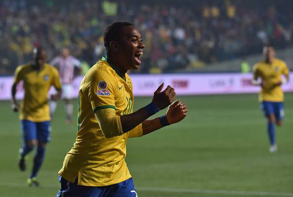 Brazil's forward Robinho celebrates after scoring against Paraguay during their 2015 Copa America football championship quarter-final match, in Concepcion, Chile, on June 27, 2015. AFP PHOTO / NELSON ALMEIDA (Photo credit should read NELSON ALMEIDA/AFP/Getty Images)