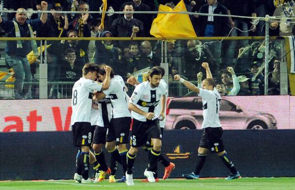 Parma's forward Sergio Floccari celebrat